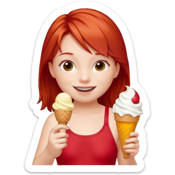 girl kid red haired swimsuit, eating ice cream, sun sticker