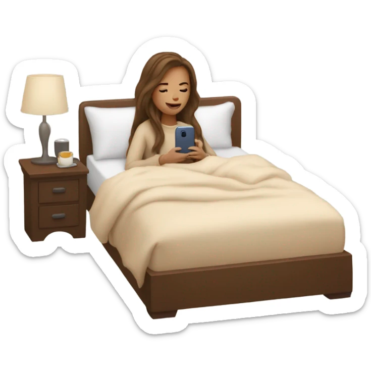 white girl with long brown hair in a bed with beige comforter on her phone sticker
