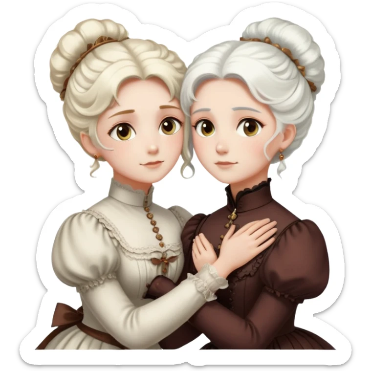 Two Victorian women embracing in a close hug, one with bright white coiffed hair and one with dark copper coiffed hair, both with light eyes, wearing Victorian high-neck dresses sticker