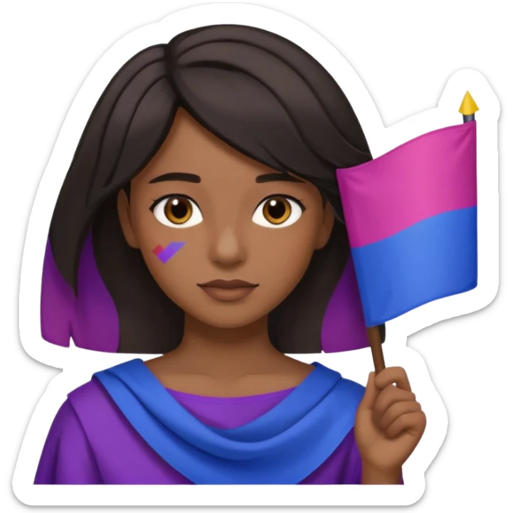 eu com a bandeira bissexual, sou parda, com cabelos negros que vão até a altura dos ombros levemente ondulados, olhos castanhos, sticker
