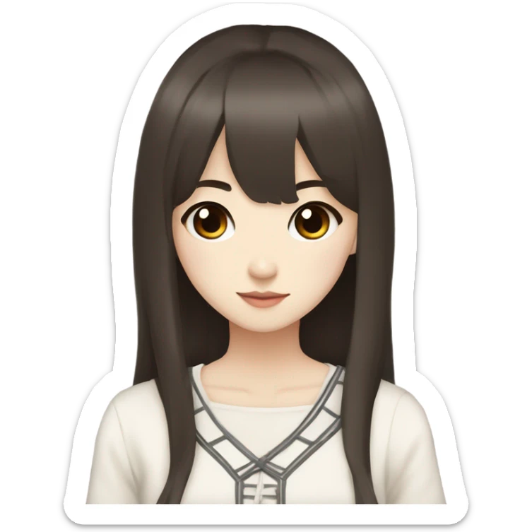 Asian girl dark brown long hair hime cut bangs brown eyes cute appearance pale skin long hair white laced top  sticker