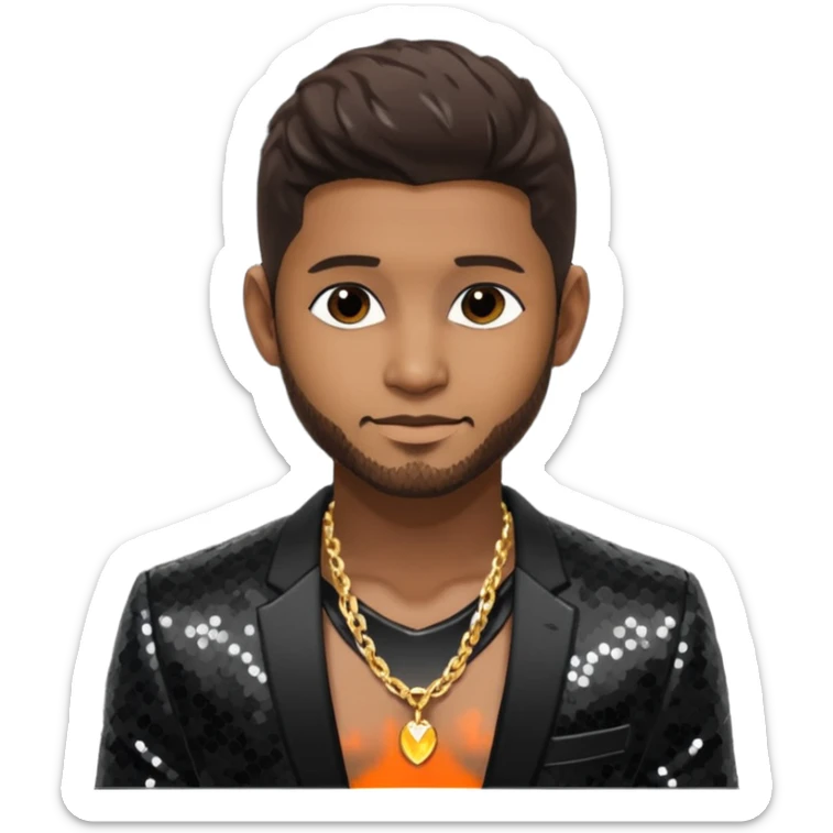 Usher with dark brown hair, black sequin suit jacket, shirtless with necklace sticker