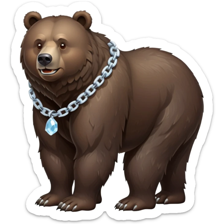 Full-body shot of realistic dark brown bear on all four legs, showing complete bear from head to tail, stern expression, ice chain collar sticker