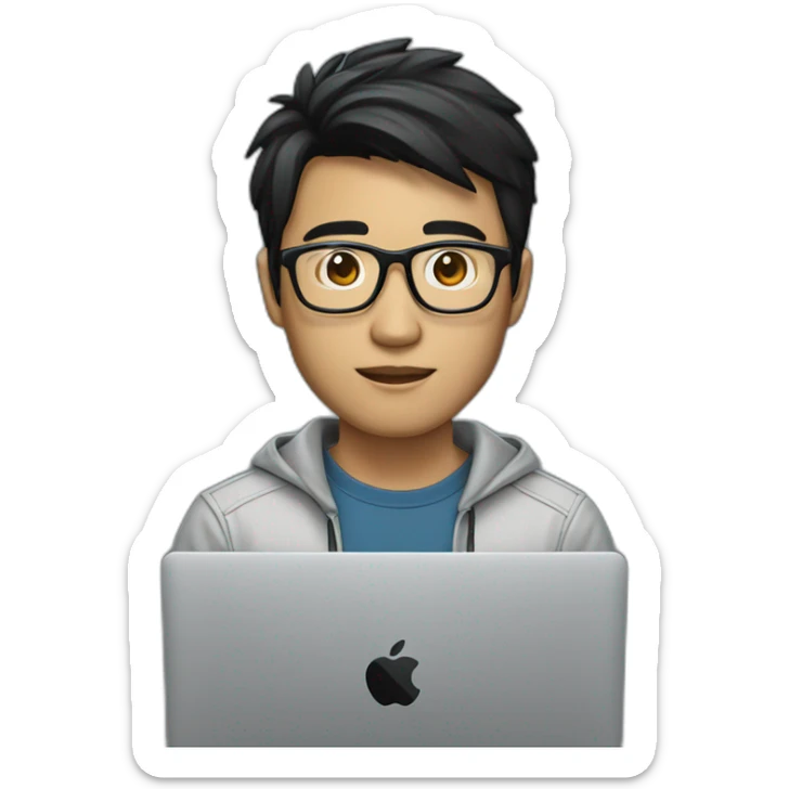 a male vietnamese programmer with tan skin with black hair with silver metal glasses and with a macbook sticker