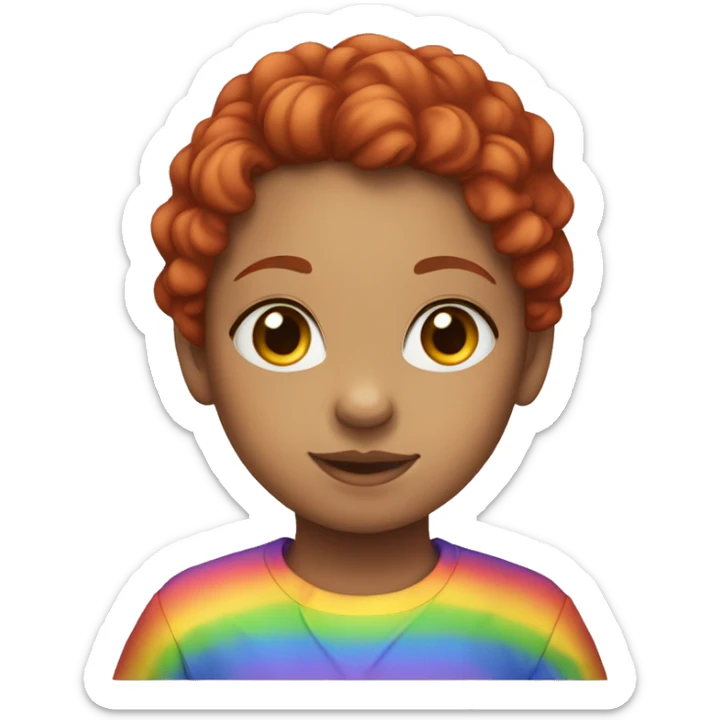 a girl with red curly hair in a pony tail with rainbow shirt sticker