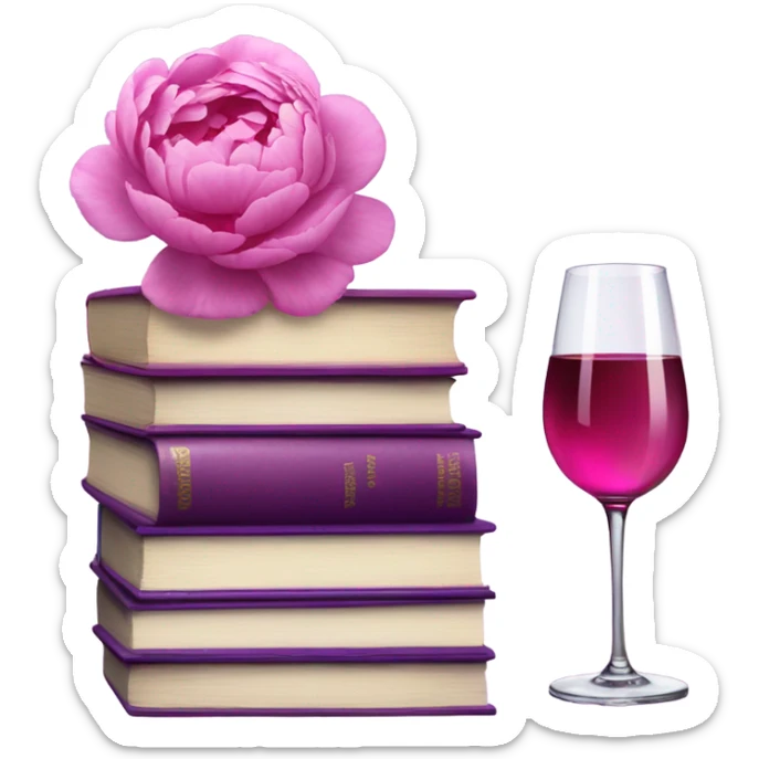A violet  stack of books with deep pink peonies and a glass of pink wine sticker