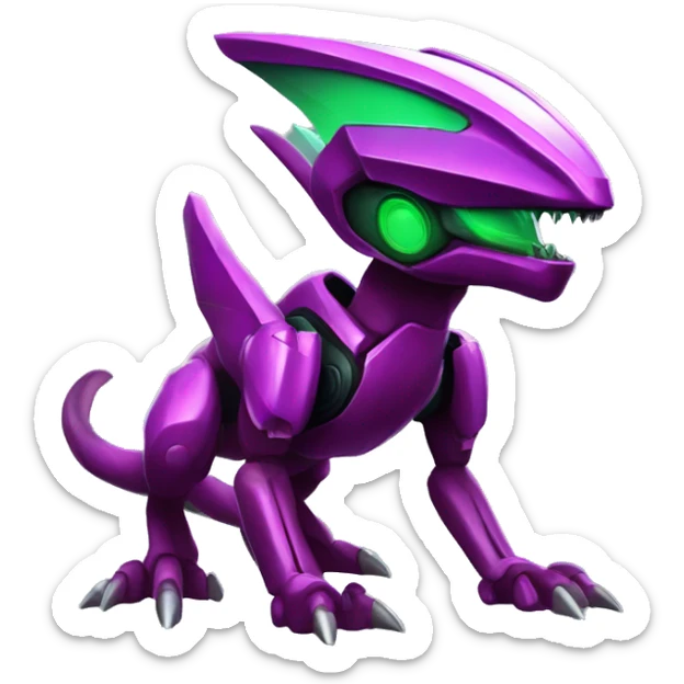 a shiny purple-green-red Genesect-Raptor-Fakémon—hybrid with a futuristic visor-helmet full body sticker