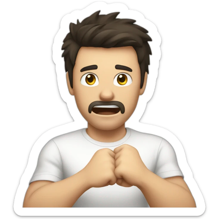 dark haired white guy in white t-shirt raising both fists and yelling in victory sticker