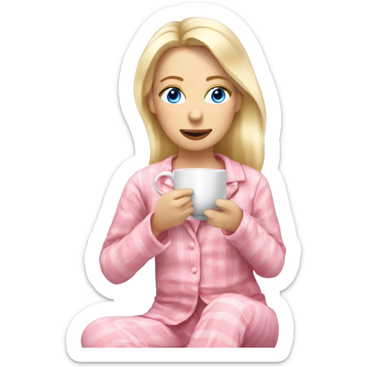 Blonde woman with blue eyes in pink pyjamas drinking tea legs crossed sticker