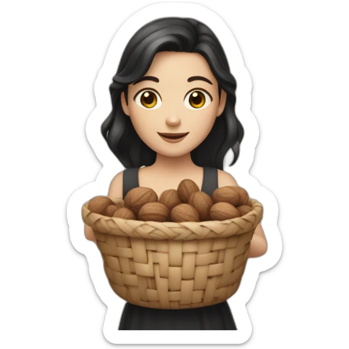 White girl with black and small hair holding a basket of walnuts sticker