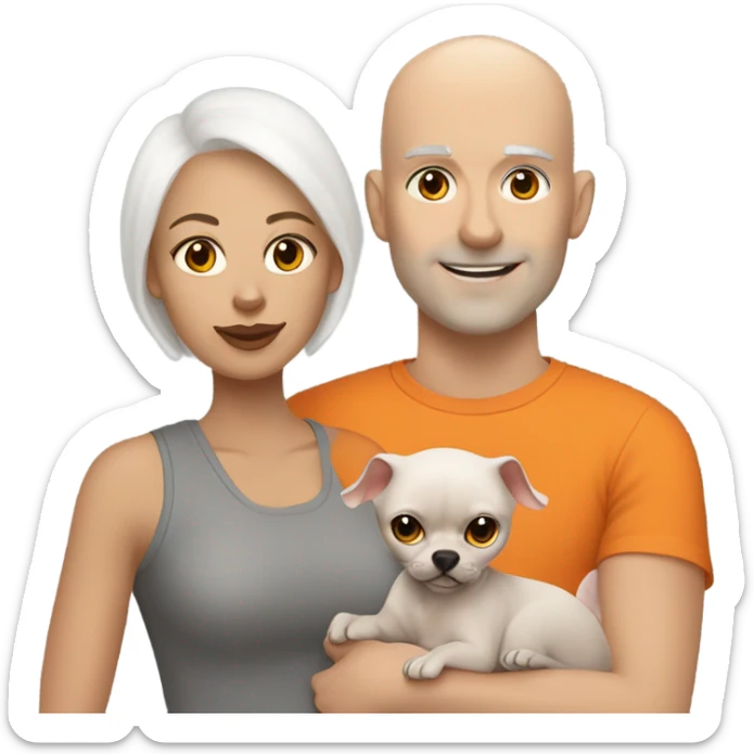 White bald man is holding a grey small sphinx cat and woman with dark straight hair is holding orange Pomeranian dog sticker