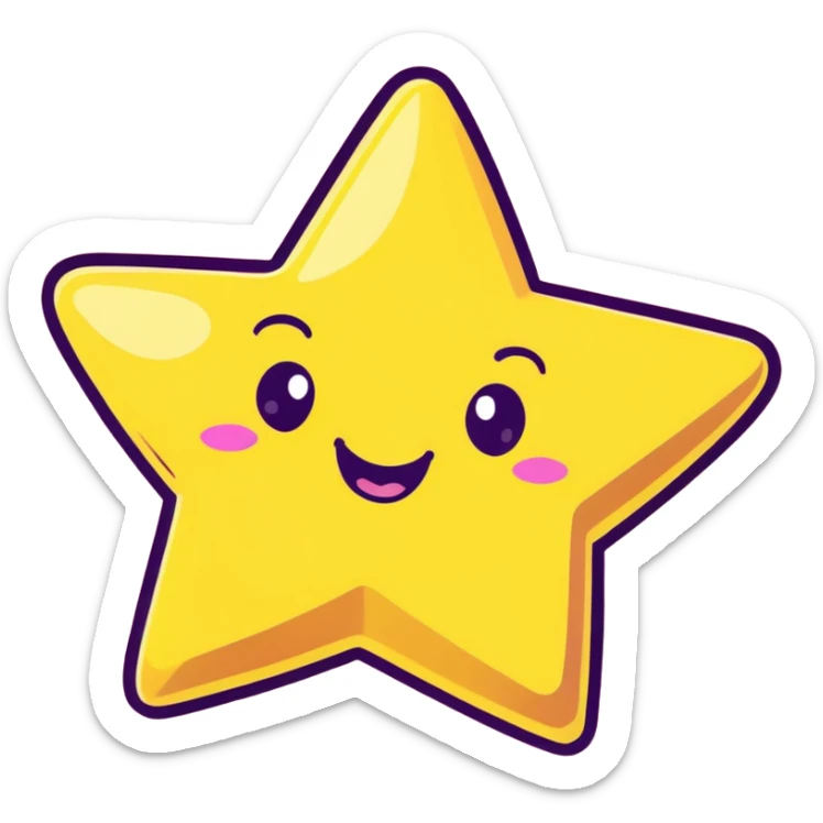 3D golden star with soft glow and glitter, smiling face, cartoon icon style, Pixar-inspired lighting, pastel yellow background sticker