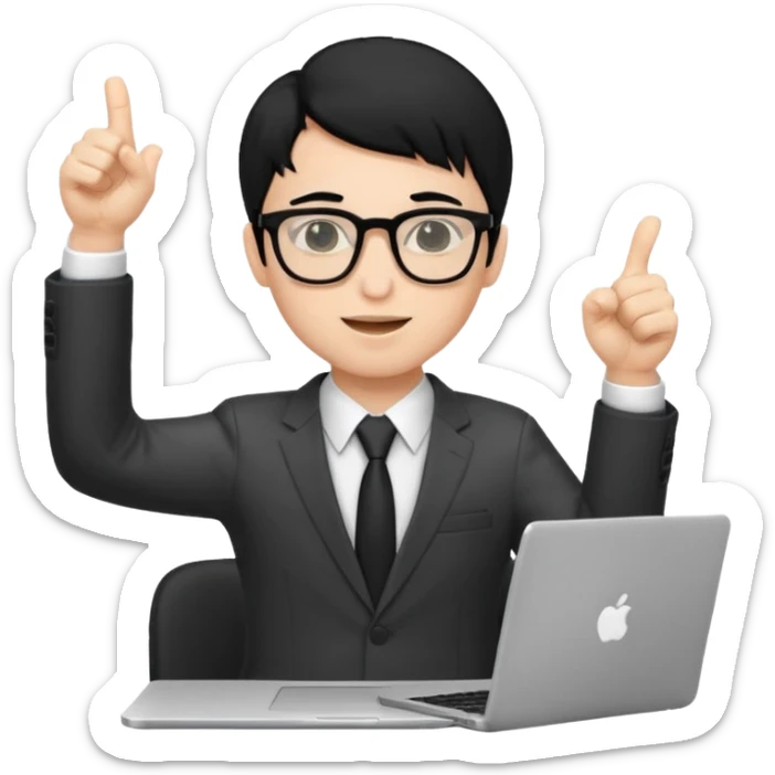 un estudiante con lentes y su laptop CON TERNO Y CABELLO NEGRO,  LEVANTANDO LAS MANOS DANDO LIKE sticker