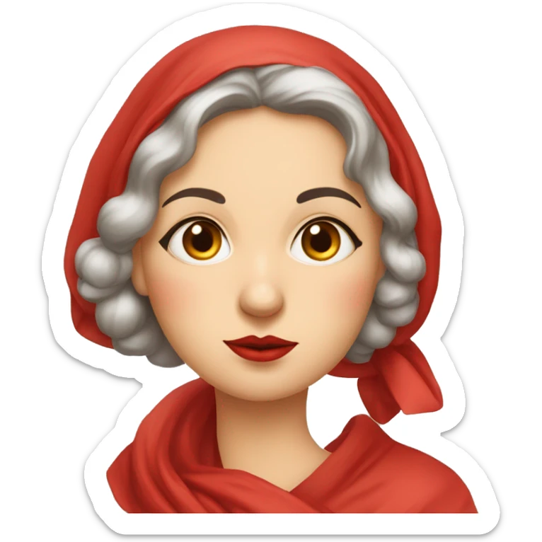 A 1940s Russian woman with a red handkerchief wrapped around her head. A stoic and serious expression is placed upon the woman’s face. Her finger is pressed to her lips, showing not to speak sticker