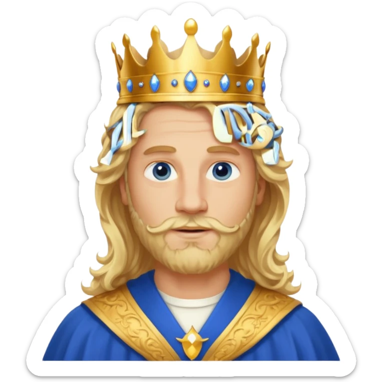 1 Middle-aged white king, 40 years old, blond hair, blond beard, long curly hair, blue eyes, kind and benevolent vibe, gentle smile, wearing a crown and blue robe emoji sticker