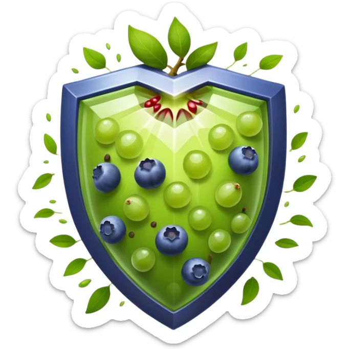 Antioxidant-rich foods (blueberries, pomegranate, grapes, dark chocolate, green tea) surrounded by a powerful, bright protective shield. The shield emits intense rays that destroy dark particles of free radicals, creating a strong protective barrier around body cells. sticker