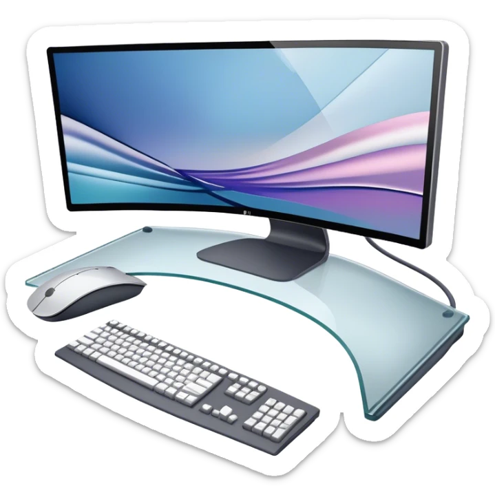 Create an emoji for UX/UI design. Large curved monitor, displaying UX/UI design interfaces. Include a mouse, keyboard, and stylus, symbolizing the design process. Use modern, professional colors. Do not include any emojis or smiley faces. Make the background transparent. sticker