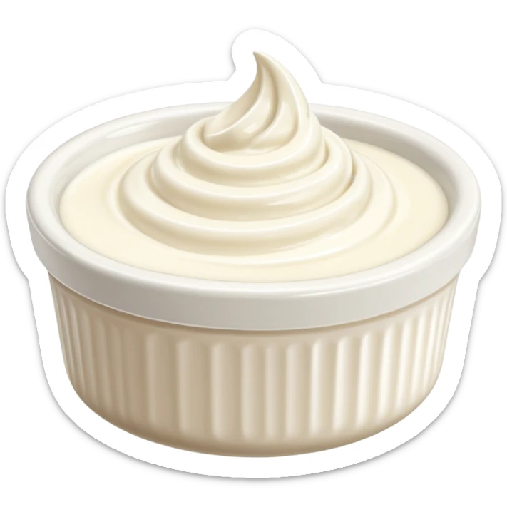 small dollop or swirl of thick creamy white crème fraîche, smooth slightly glossy surface, soft peaks, rich velvety texture, mild sheen, simple label-free ramekin or transparent cup, clean 3D look, soft lighting, no garnish or extra elements, no faces, emoji scale sticker