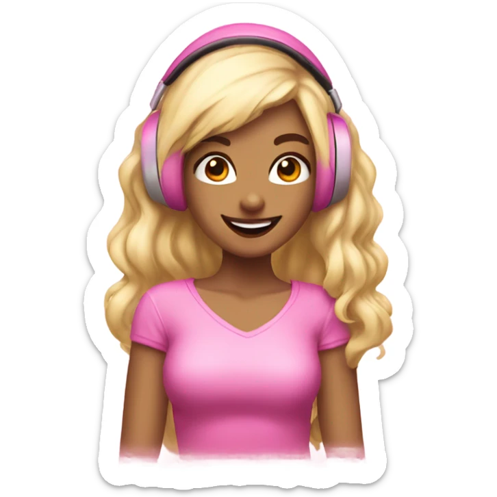 Coquette girl smiling while listening to msi wearing pink  sticker