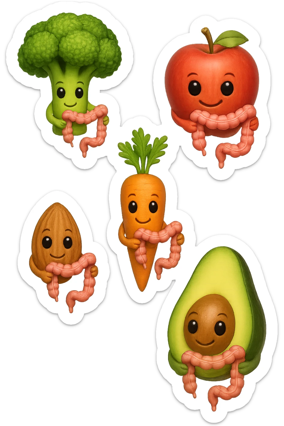 cibo sano fluttua in aria verticalmente stringendo piccoli colon umani, stile emoji iphone, iperrealistico 4k sticker