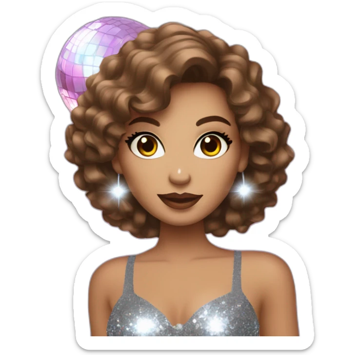 female with brown wavy hair dressed in a glitter dress and makeup, with disco ball sticker