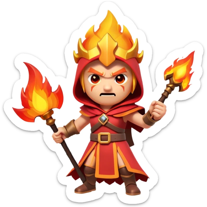 Clash of Clans aesthetic: Cinematic Ferocious Fire Mage Hero closeup Emoji, rendered in a 3D vector-style similar to standard emojis with minimal shading and bold, simplified shapes. A compact, isometric figure draped in flowing, charred and ember-lined robes, wielding a fiery staff crackling with intense flames. Eyes burning with an infernal glow, exuding raw, untamed power. Simplified yet unmistakably iconic, highly detailed and consistent, glowing with a fiery, molten radiance and high shine. Stylized with a touch of menacing sorcery and a searing, ember-infused outline, capturing the essence of a wrathful mage ready to unleash devastating fire magic! sticker