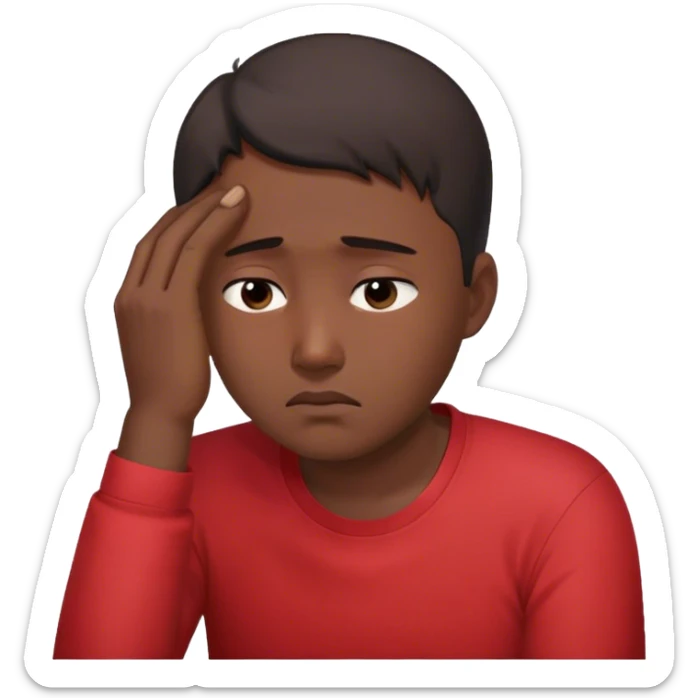 A worried Korean man in a red shirt, resting his head on one hand sticker