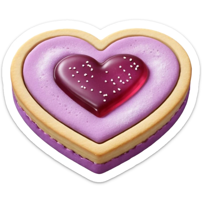 Realistic shortbread cookie in the shape of a heart with mauve jelly middle filling and sprinkled powder sugar on top. sticker