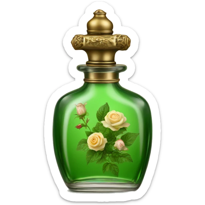 Green magic old Antique oil perfume bottle with herbal and rose flowers sticker