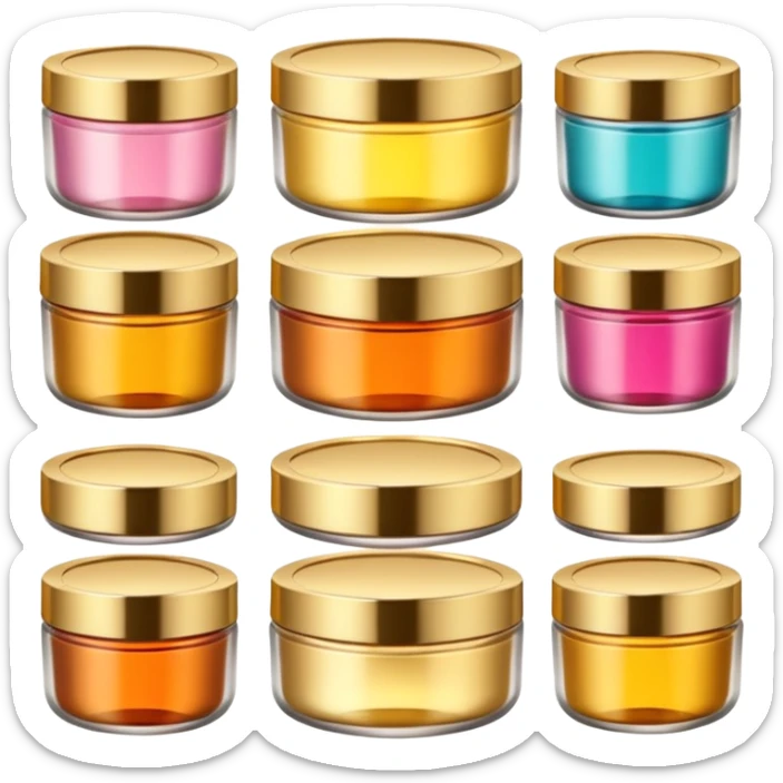 Varios produtos de beleza com tampa dos potes dourados e fundo transparente pra usar como figurinha sticker