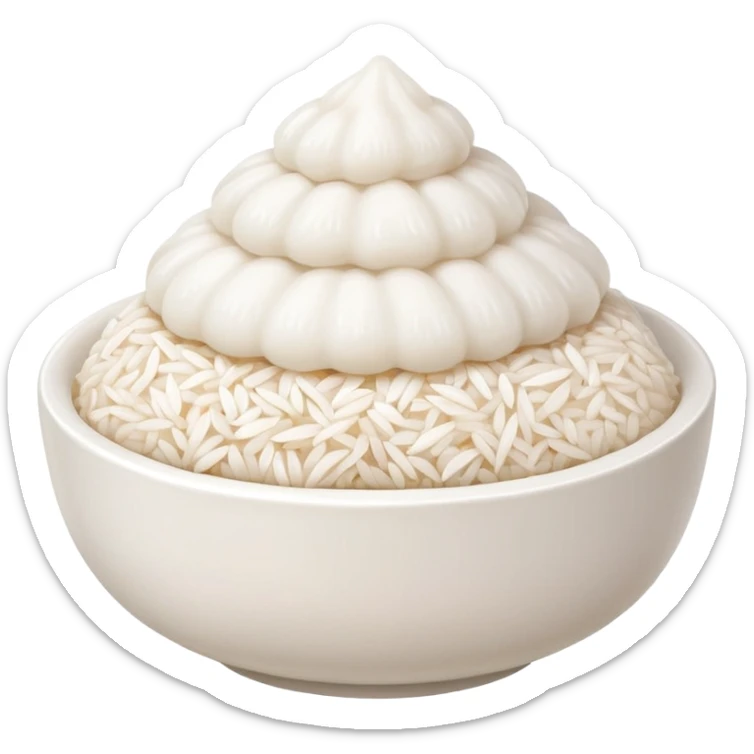 A cute white bowl of steaming rice piled high like a small mountain (korean style gobongbap), pure white rice,  sticker