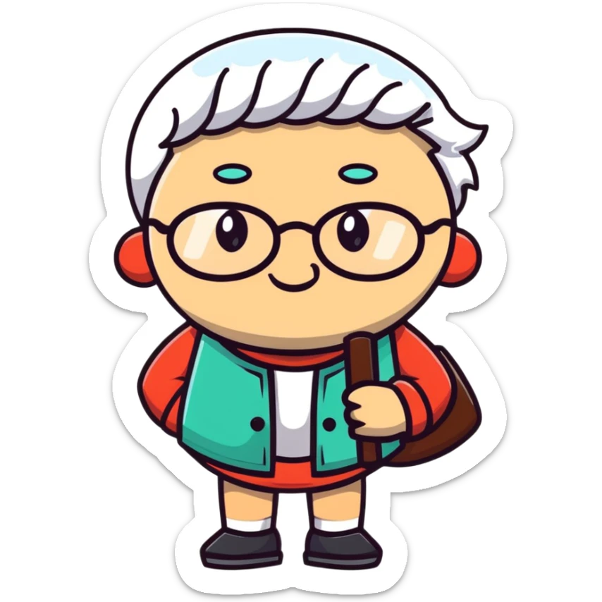 a little shrimp that is old with white hair and glasses, elderly shrimp character with white eyebrows and hair, wearing round glasses sticker