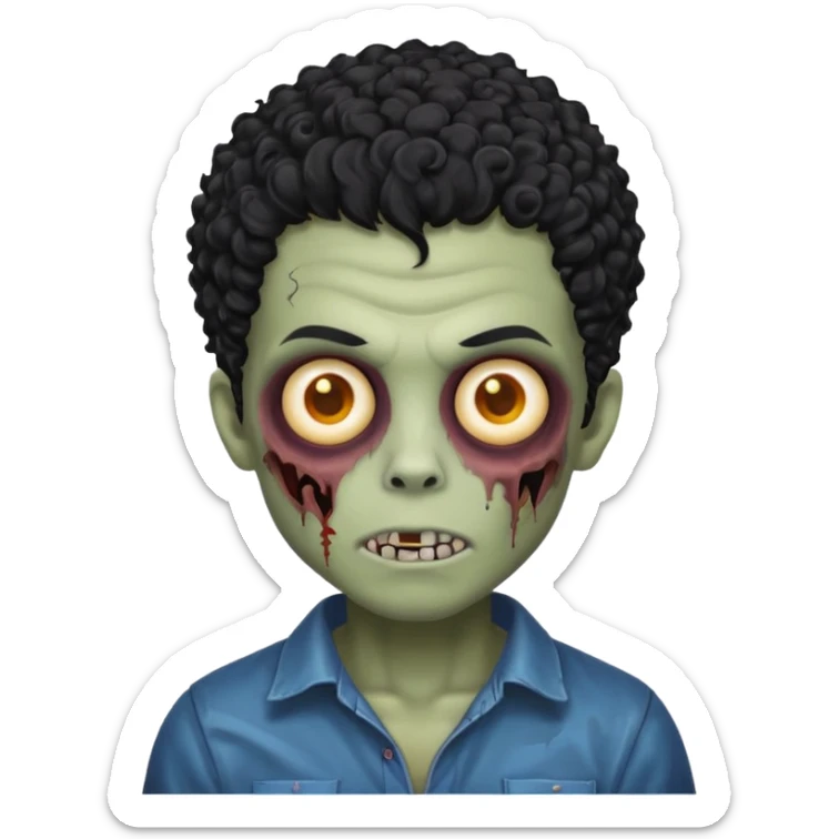 zombie boy with curly hair and mixed lightskin features, spooky and creepy face, classic emoji style sticker