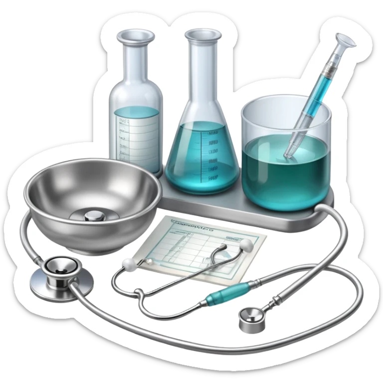 An icon featuring the Bowl of Hippocrates, a syringe, and a stethoscope, symbolizing medicine. The design includes a medical chart and lab tools, representing the practice of healing, diagnosis, and patient care. Transparent background highlights the science and ethics of medicine. sticker