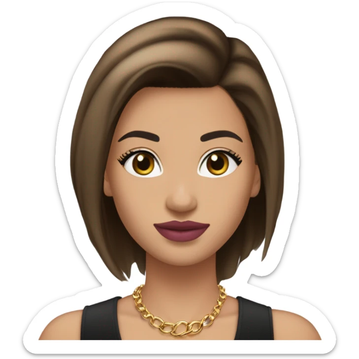 Medium-light skin, straight medium brown hair, dark brown almond eyes, full pink lips, defined brows, black top, gold necklaces, small hoop earrings sticker