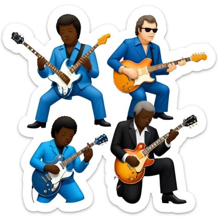 Icon for Blues Music: close-up collage of legendary blues artists. Gary Moore, Eric Clapton, B.B. King and Joe Cocker. Represented by silhouettes or symbolic items like guitars, microphones, or music notes, reflecting the soulful energy of blues music. Transparent background. sticker
