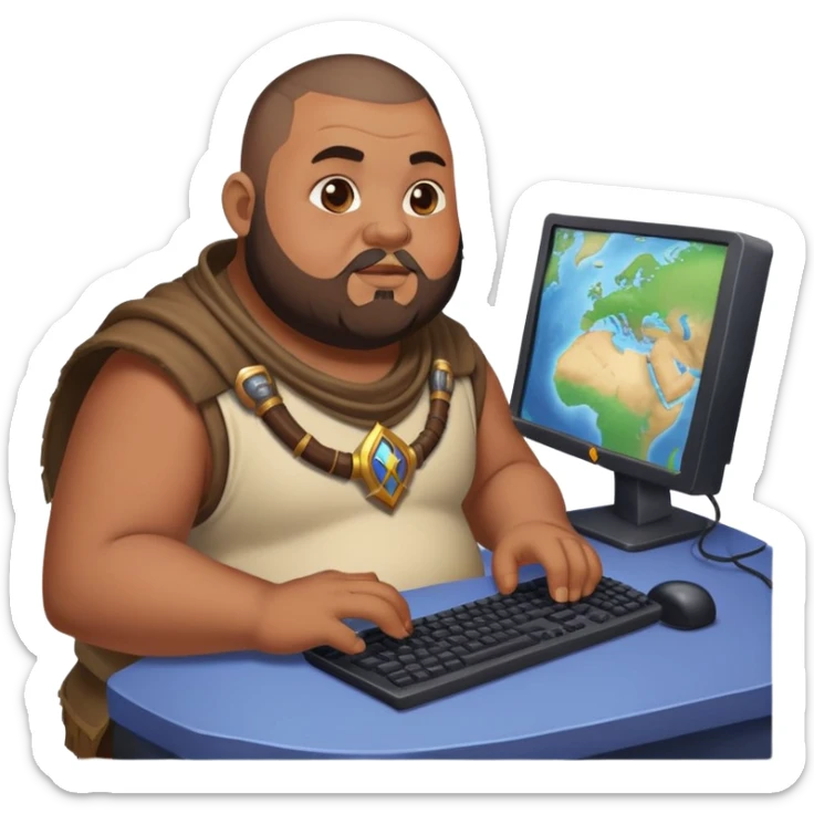 buzz cut brown hair bearded man that is chubby playing world of warcraft game on pc sticker