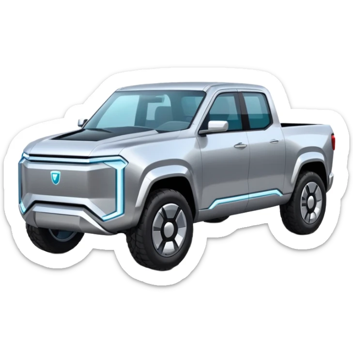 A futuristic electric pickup truck emoji, silver chrome body, angular cyber design, smooth metallic panels, subtle reflections, minimalistic proportions, iOS emoji style, centered composition, clean white background, soft lighting sticker