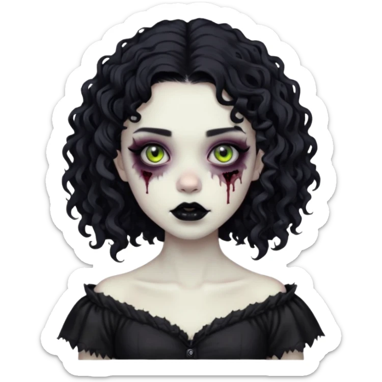 garota zombie com roupa gótica, batom preto e cabelos pretos e cacheados na altura do ombro sticker