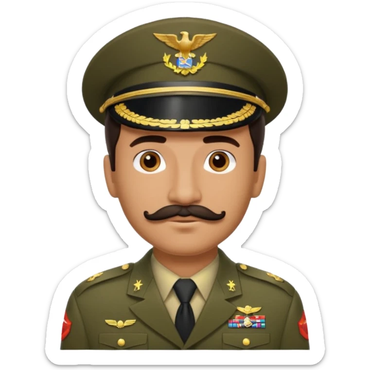 Hispanic man emoji with medium tan skin, dark brown slicked-back hair, a well-groomed mustache, wearing an army uniform without a hat. sticker