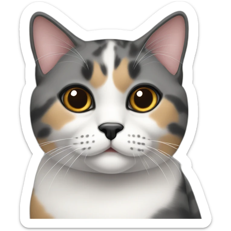 senior chubby diluted calico cat, grey chin, black nose, grey ears, grey and white sticker