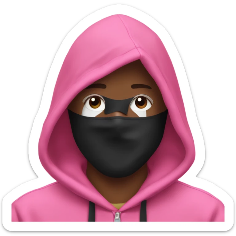 A man with a pink hoodie and a black mask with a triangle inside of it ￼  sticker