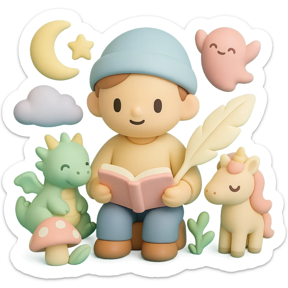 beginner author, surrounded by fantasy creatures and elements, looking imaginative sticker
