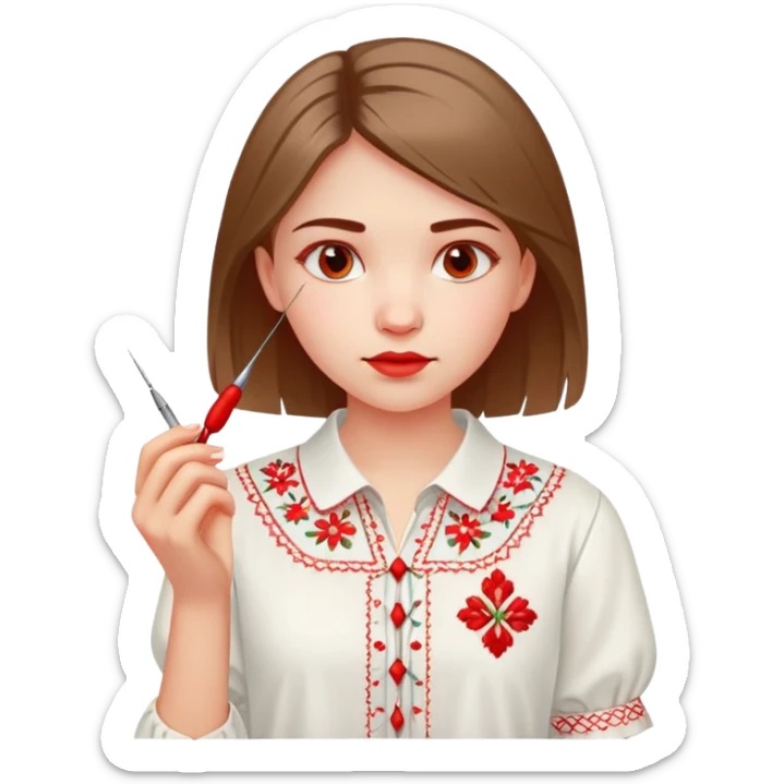 A young Ukrainian girl in a white embroidered shirt holds a red thread and a needle in her hand sticker