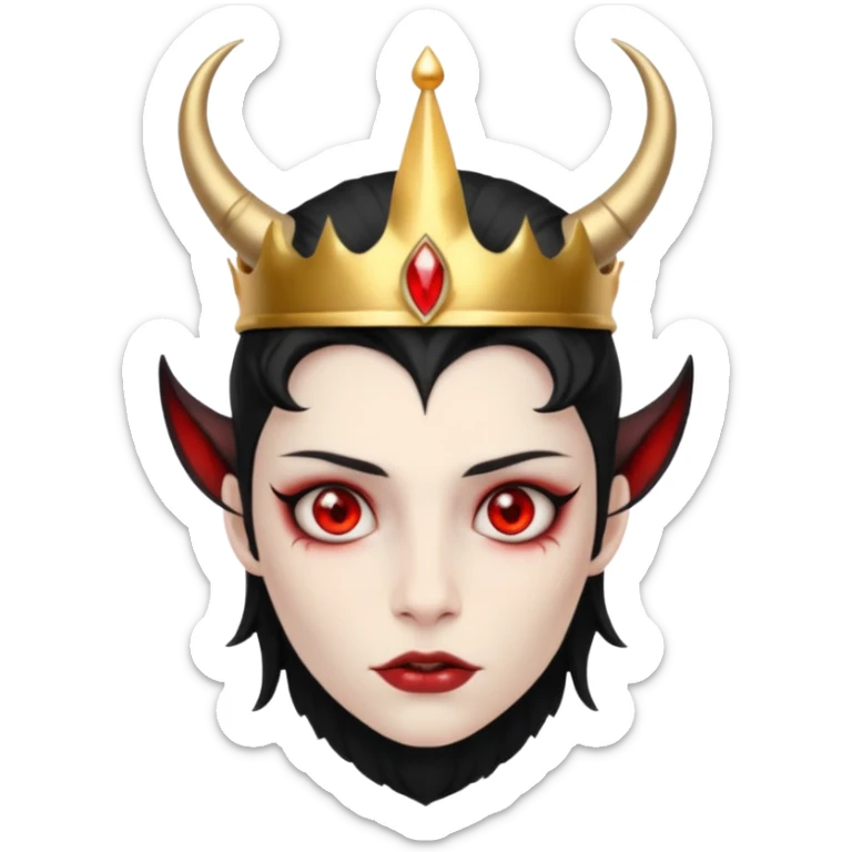 human demon hybrid with red eyes black horns and simple gold grown sticker