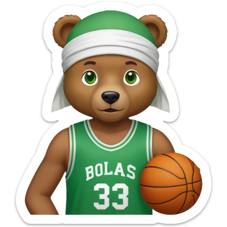 Cool brown bear with green eyes shown to shoulders, white durag, green and white basketball jersey visible on upper chest and shoulders, iOS emoji style sticker
