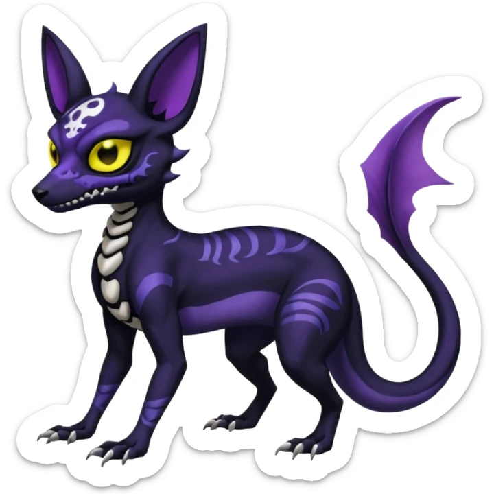 Gothic spooky Scaley Exotic Salandit-Umbreon-Noibat-Fakémon-hybrid-creature (full body), 4 legs, white skull face mask sticker