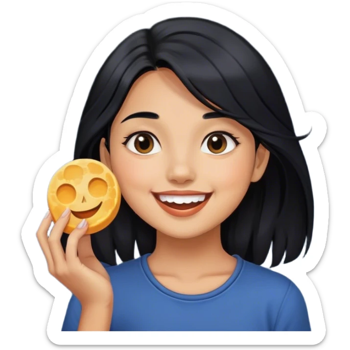 smiling girl with black hair eating the moon sticker