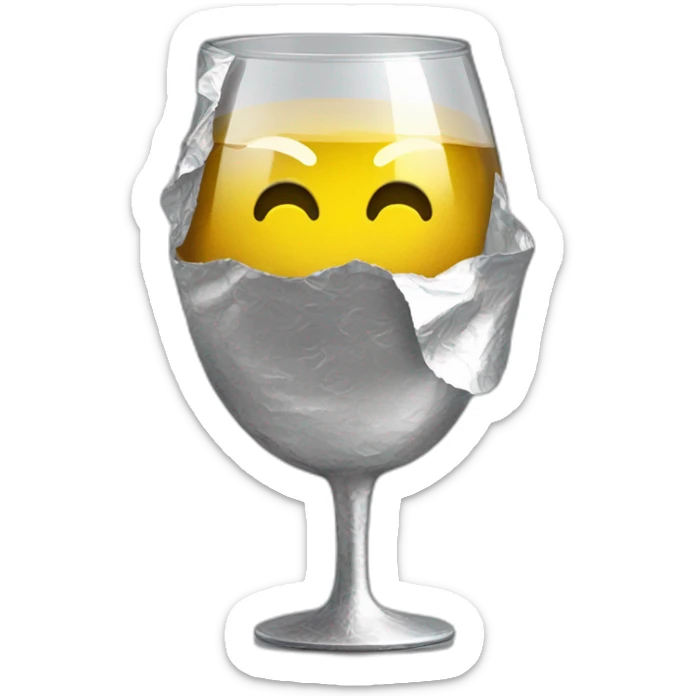 A reflective, very crinkled and wrinkled aluminum foil hides a wine glass shape, like a stemmed wine glass sticker
