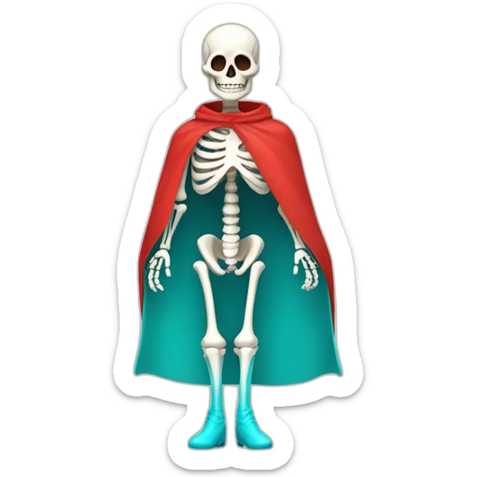 a male skeleton with his rib cage showing and a white top and cyan bottom and red boots and red gloves and a red short cape sticker